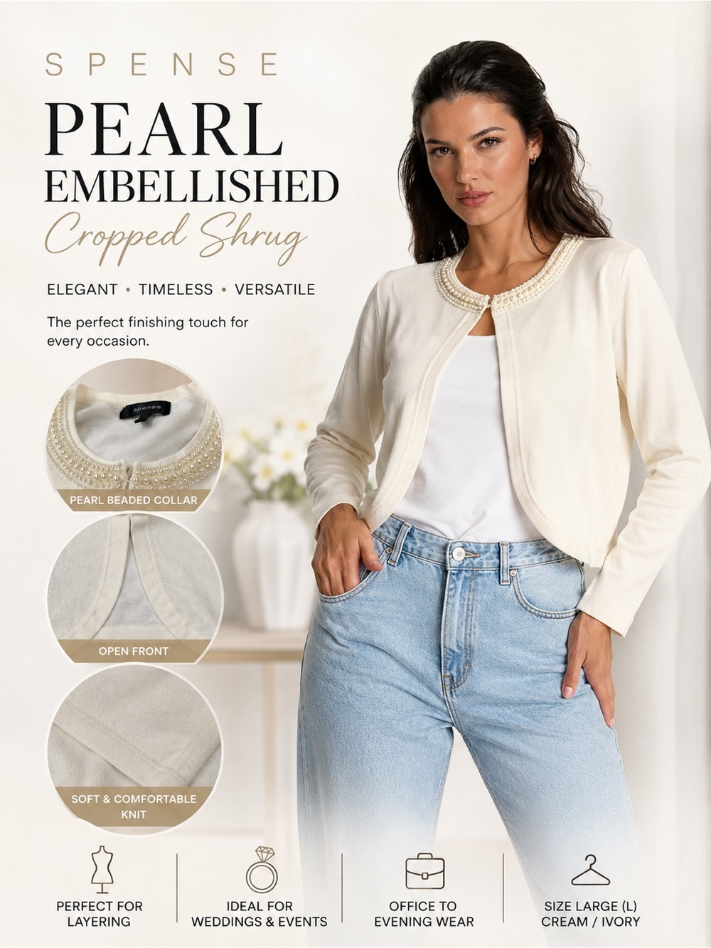 Spense Cream Pearl Embellished Cropped Cardigan Shrug Large